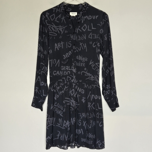 Zadig & Boltaire Refla Crepe Manifest Black Graffiti Shirt Dress Size Small - Picture 14 of 14